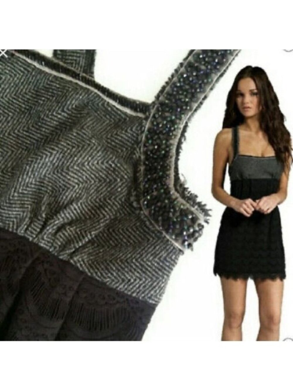 VTG NWT Free People Herringbone Lace Beaded Mini Dress | Indie Sleaze Boho Twee - Picture 3 of 16